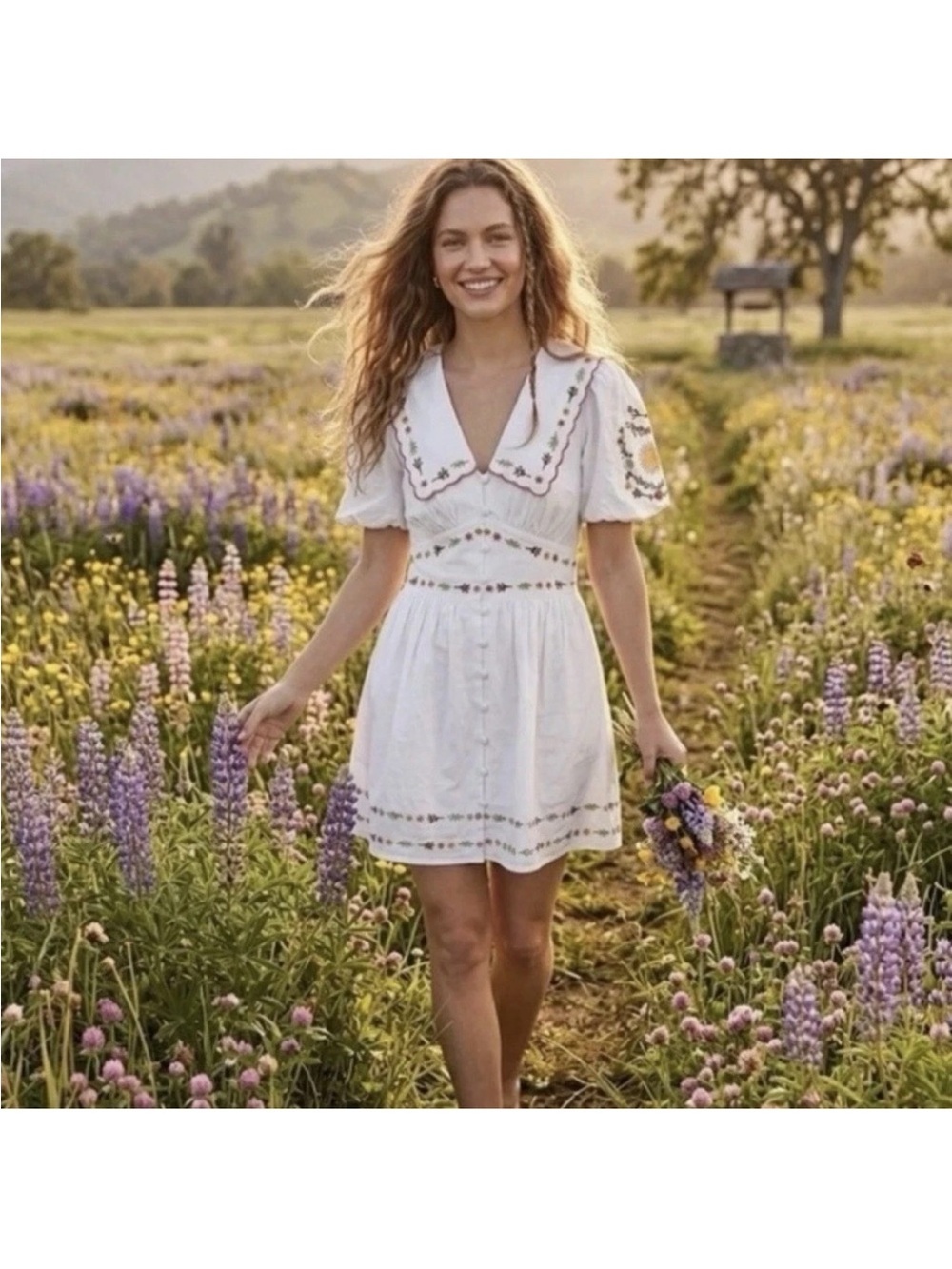 Caroline Constas Embroidered Floral Puff-Sleeve Buttoned Mini Dress sz 8
